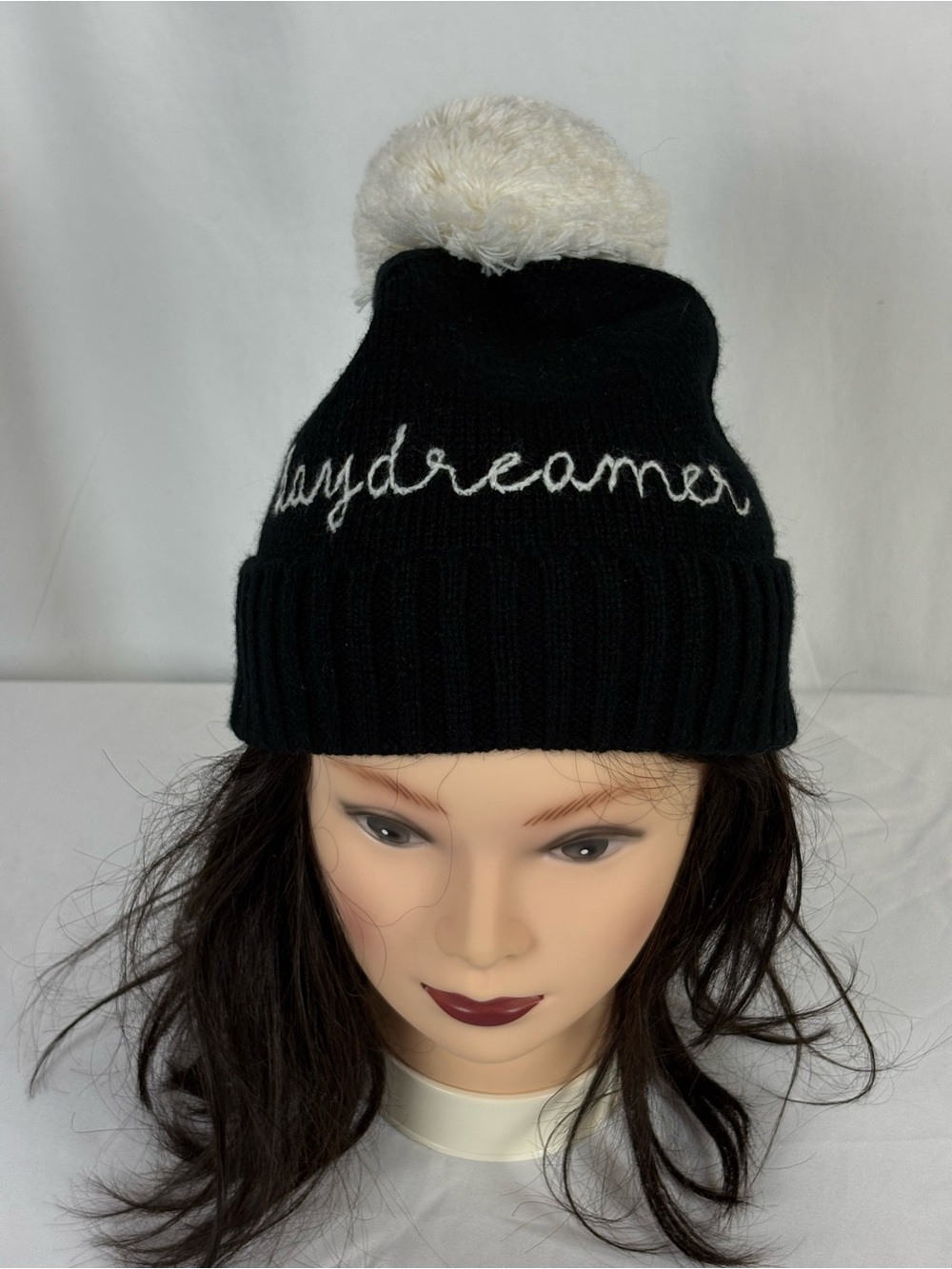 kate spade Black Beanie with Cream Pom Pom and White Script